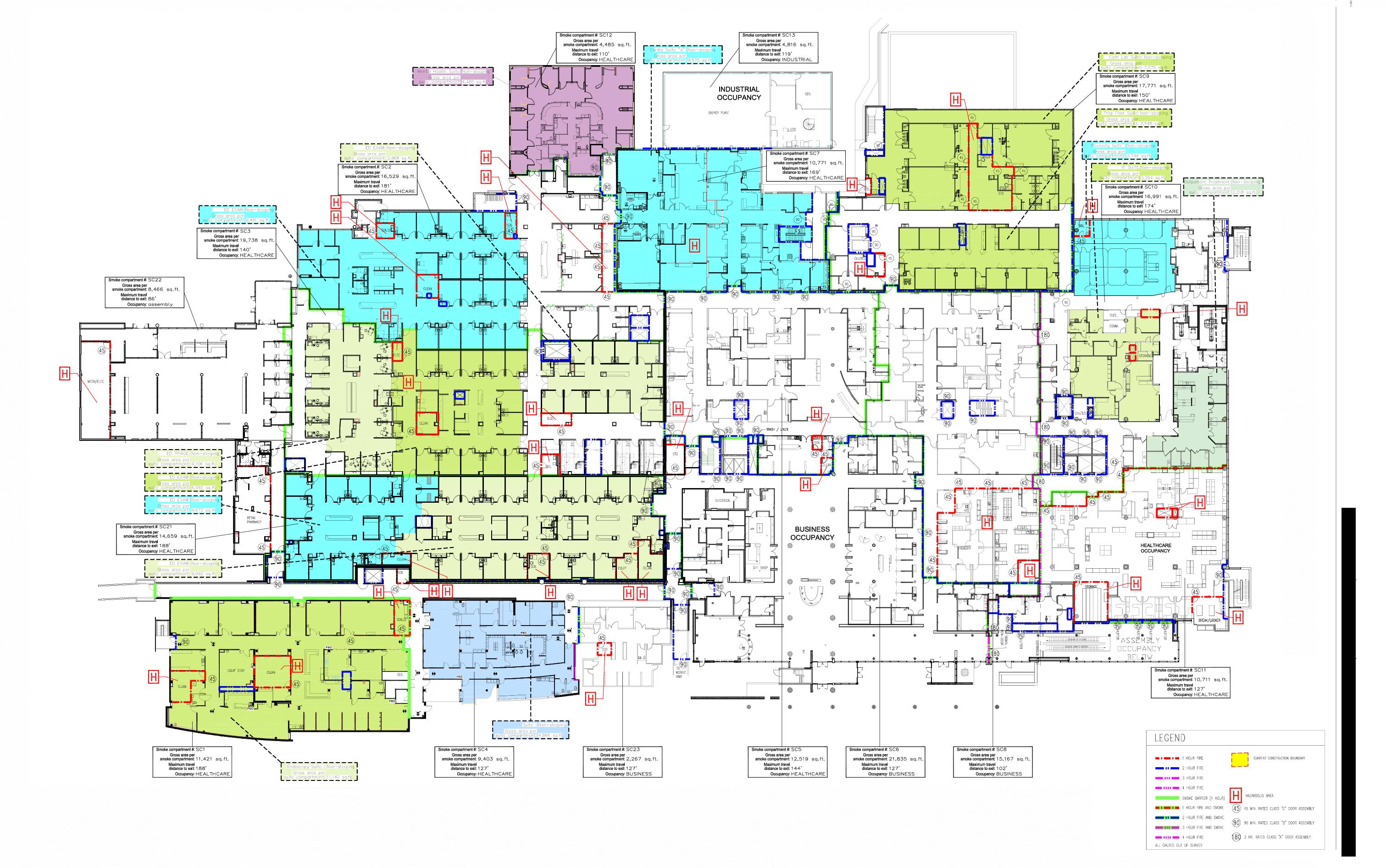 A color-coded Life Safety Plan showing 1-hr fire walls in red, 2-hr fire walls in dark blue, smoke barriers in green, hazardous areas marked with H symbols, and door ratings in ovals — the convention surveyors expect to see.