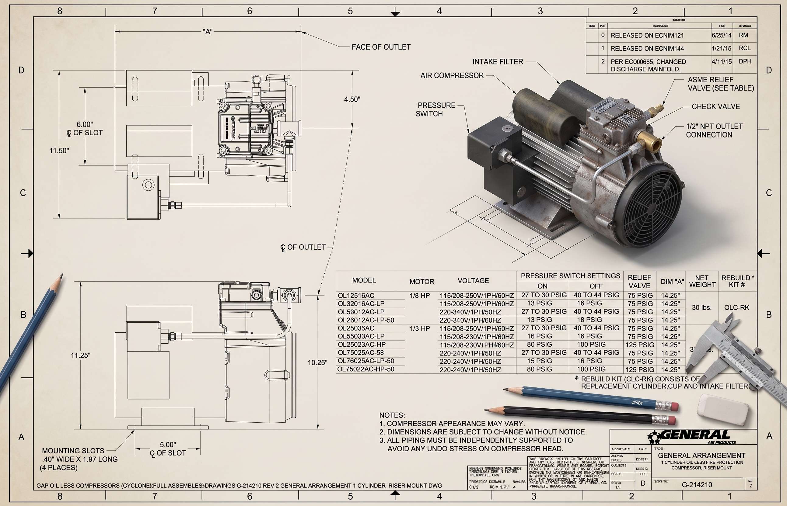General Air Products G-214210 engineering drawing — oil-less one-cylinder fire-protection riser-mount air compressor with intake filter, ASME relief valve (75/125 PSIG), check valve, pressure switch, and 1/2 inch NPT outlet. Model table shows pressure switch on/off ranges for OL12516AC through OL75022AC.