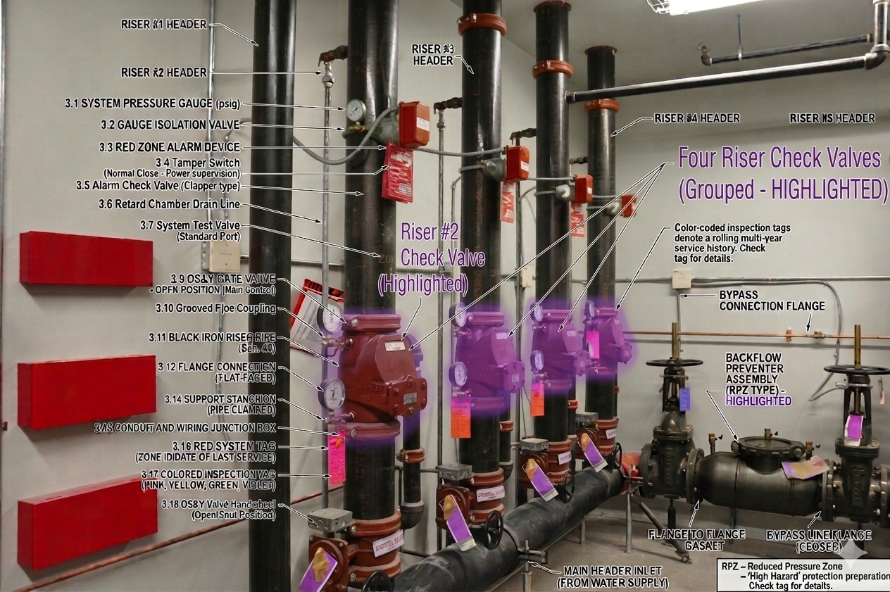 Annotated photograph of a fire protection pump-room riser wall showing five risers side-by-side with the four grouped check valves (highlighted in purple) mounted above each riser header, along with callouts for the system pressure gauge, gauge isolation valve, red-zone alarm device, tamper switch, alarm check valve clapper-type, retard chamber drain line, system test valve, OS&Y gate valve, grooved pipe coupling, black iron riser, flange connection (flat-face), riser tag, zone ID or laser etch, color-coded inspection tags (pink/yellow/green/blue), OS&Y valve open/shut position indicator, bypass connection flange, and an RPZ backflow preventer assembly