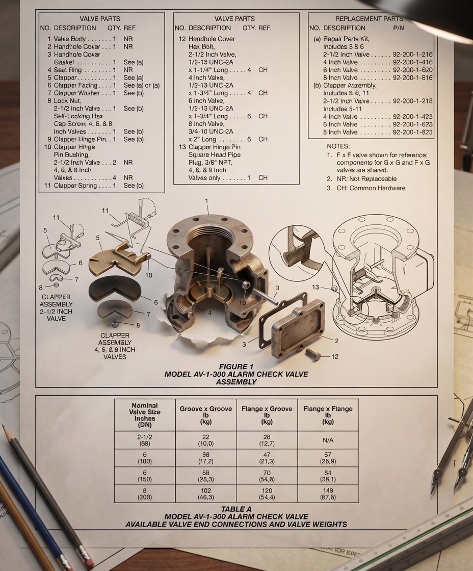 Tyco Model AV-1-300 alarm check valve exploded assembly drawing — 13 numbered components including valve body, handhole cover, handhole cover gasket, seat ring, clapper, clapper facing, clapper washer, lock nut, clapper hinge pin, clapper hinge pin bushing, clapper spring, hex bolts, and square head pipe plug. Includes clapper assembly detail for 2.5 inch valve and 4/6/8 inch valves, plus replacement part numbers table and end-connection weight table.