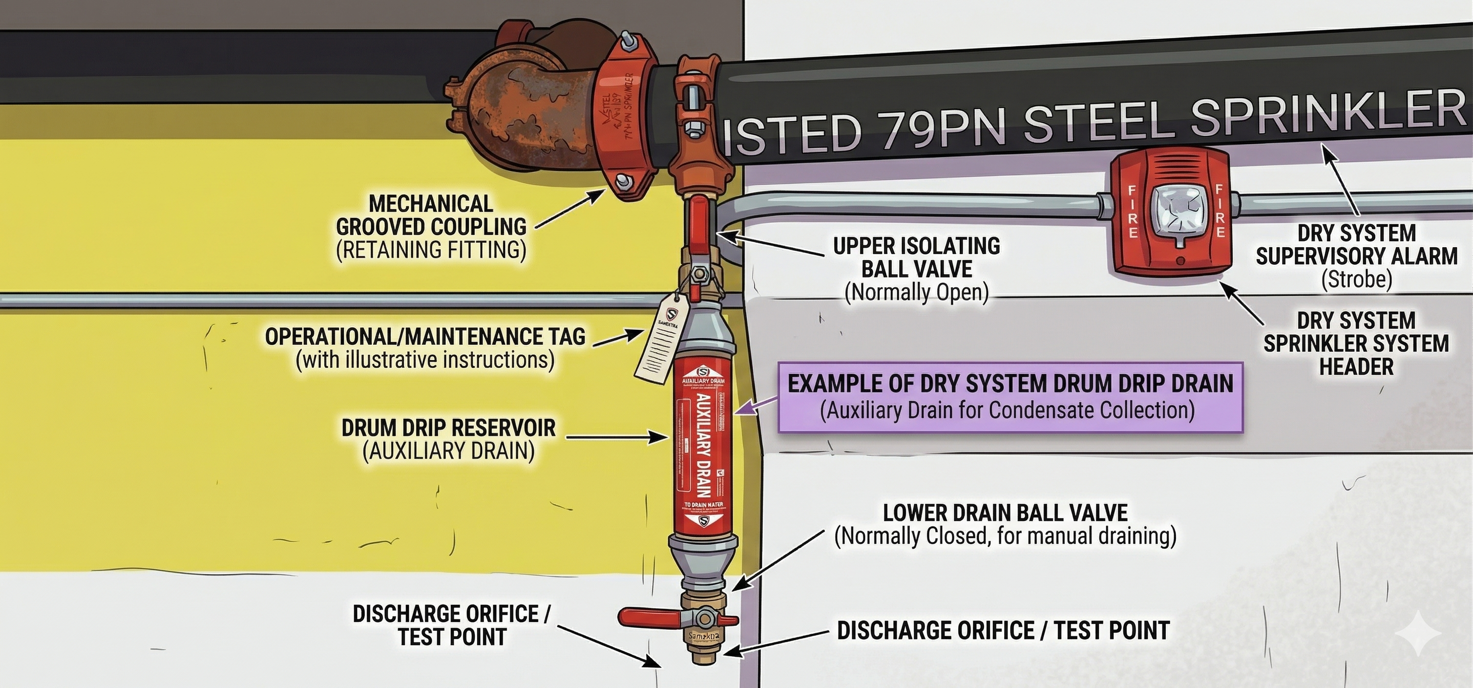 Labeled illustration of a dry system drum drip auxiliary drain assembly — mechanical grooved coupling attached to a listed 79PN steel sprinkler header, upper isolating ball valve (normally open), drum drip reservoir (auxiliary drain) with operational/maintenance tag, lower drain ball valve (normally closed for manual draining), and a discharge orifice test point at the bottom, with a dry system supervisory alarm strobe visible on the wall to the right