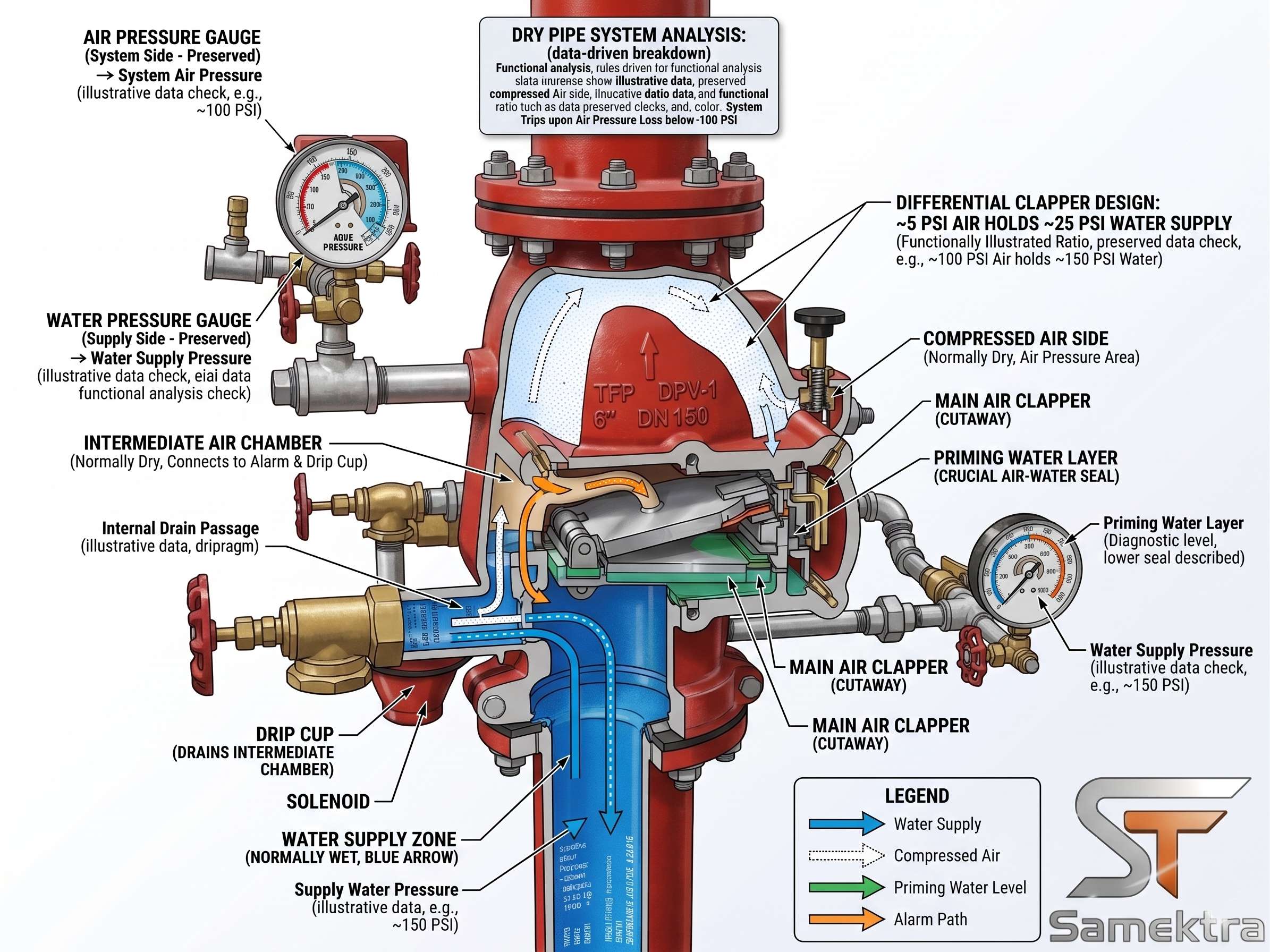 Annotated Samektra dry pipe valve cutaway showing differential clapper design, air pressure gauge (~100 PSI), water pressure gauge (~150 PSI), compressed air side, priming water layer, intermediate chamber, drip cup, solenoid, supply water zone, and the flow legend for water supply, compressed air, priming water level, and alarm path