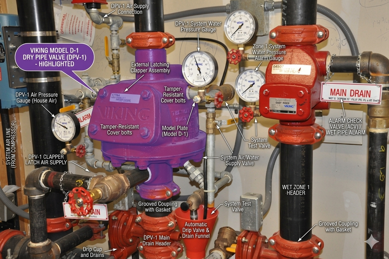 Annotated photograph of a Viking Model D-1 dry pipe valve assembly with every major trim component labeled — DPV-1 air supply connection, system water pressure gauge, zone 1 water pressure alarm gauge, external latching clapper assembly, tamper-resistant cover bolts, DPV-1 clapper latch air supply, air pressure gauge (house air), grooved coupling with gasket, system air/water supply valve, automatic drip valve and drain funnel, DPV-1 main drain header, alarm check valve / wet pipe alarm, main drain, and the drip cup and drains