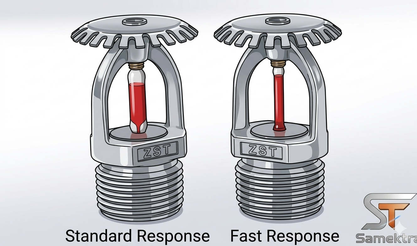 Side-by-side illustration comparing two upright sprinkler heads — left: Standard Response with a thick 5mm glass bulb (filled with red heat-sensitive fluid); right: Fast Response (Quick Response) with a thinner 3mm glass bulb, showing the structural difference that produces different RTI values