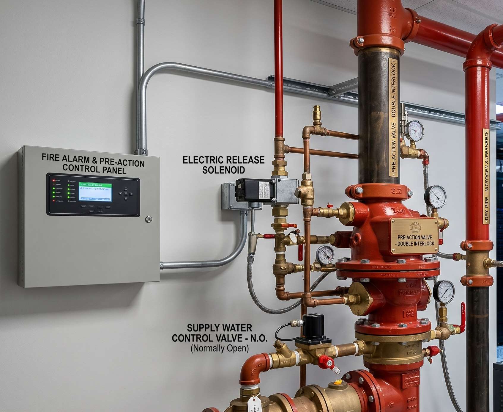 Pre-action sprinkler system riser assembly showing the fire alarm and pre-action control panel wired to an electric release solenoid, a pre-action valve labeled 'Double Interlock', the normally-open supply water control valve, nitrogen-supervised dry pipe, and the supply/system pressure gauges