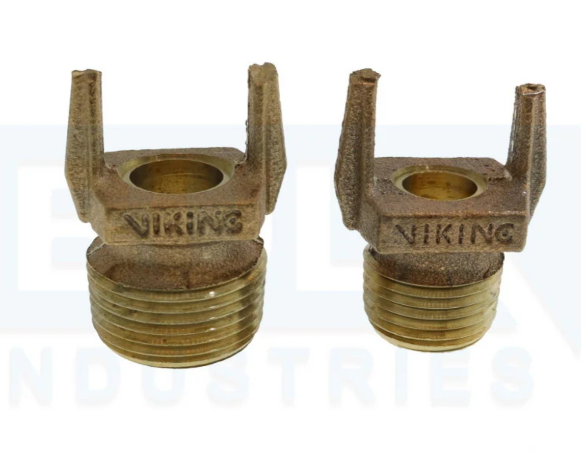 Two Viking inspector's test orifices side by side — the larger 3/4 inch NPT fitting on the left and the smaller 1/2 inch NPT on the right, both with cast-bronze bodies, smooth-bore orifices, and the integral bracket that holds the orifice at the end of the test pipe