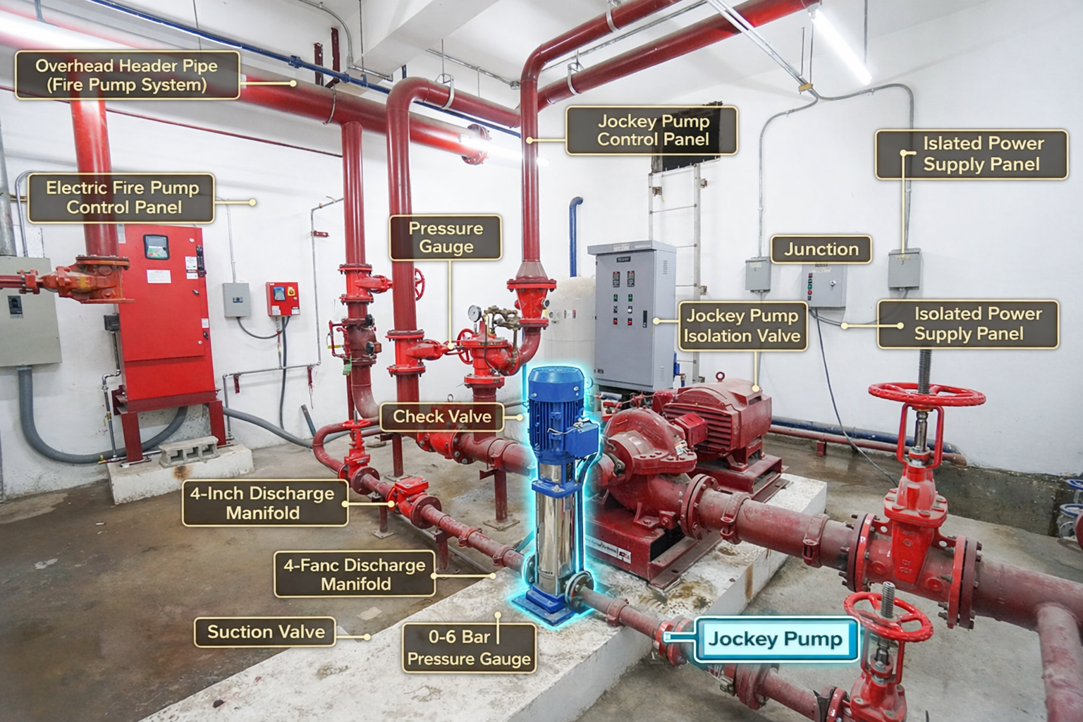 Annotated fire pump room photograph showing the jockey pump (blue vertical multi-stage, highlighted) alongside the main horizontal split-case electric fire pump. Labeled callouts: Overhead Header Pipe (Fire Pump System), Electric Fire Pump Control Panel, Jockey Pump Control Panel, Isolated Power Supply Panel, Junction, Pressure Gauge, Check Valve, Jockey Pump Isolation Valve, 4-Inch Discharge Manifold, Suction Valve, 0-6 Bar Pressure Gauge, Jockey Pump