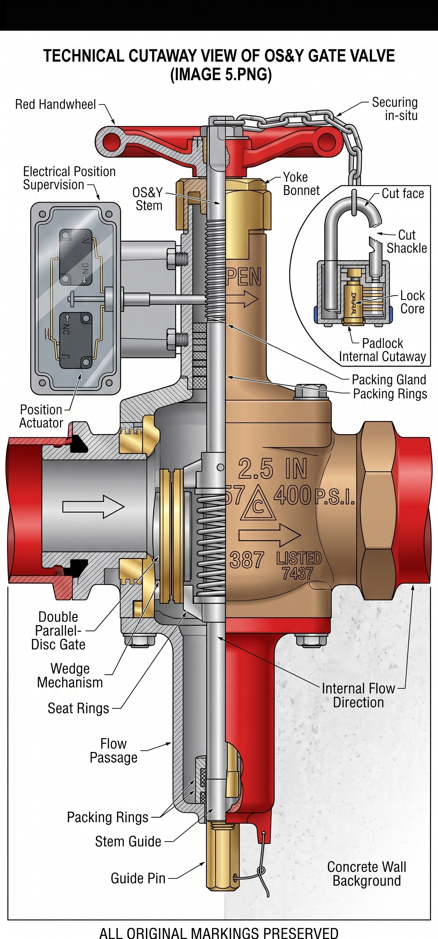 Technical cutaway diagram of an OS&Y (Outside Screw and Yoke) gate valve — shows the red handwheel, OS&Y stem, yoke bonnet, electrical position supervision / tamper switch, position actuator, double parallel-disc gate with wedge mechanism, seat rings, packing gland with packing rings, internal flow direction arrows, stem guide and guide pin, plus the padlock-internal cutaway detail securing the valve in-situ