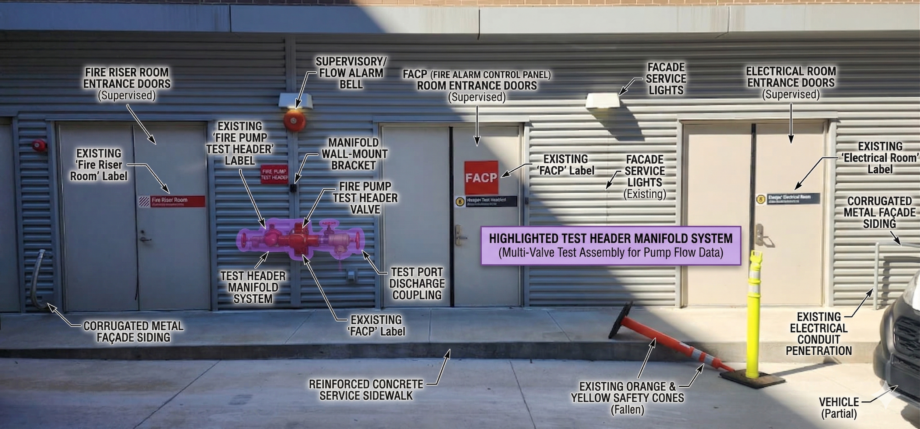 Exterior pump-room service wall photograph with a highlighted fire pump test header manifold system in purple, plus labeled callouts for the fire riser room entrance door, supervisory/flow alarm bell, FACP room entrance door, electrical room entrance door, facade service lights, FIRE PUMP TEST HEADER label, manifold wall-mount bracket, test header manifold system, fire pump test header valve, test port discharge coupling, corrugated metal facade siding, reinforced concrete service sidewalk