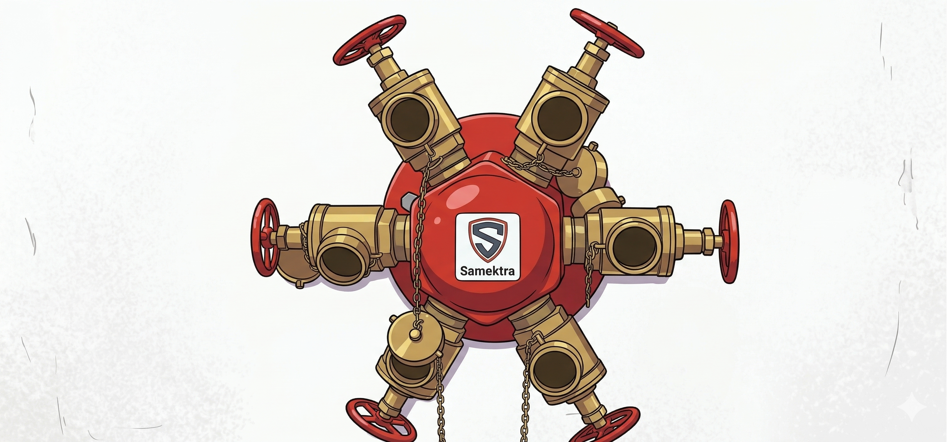 Stylized illustration of a 6-outlet fire pump test header — red manifold body with six brass 2½-inch hose valves arranged radially, each with a red handwheel and a chained cap, Samektra logo on the front of the manifold