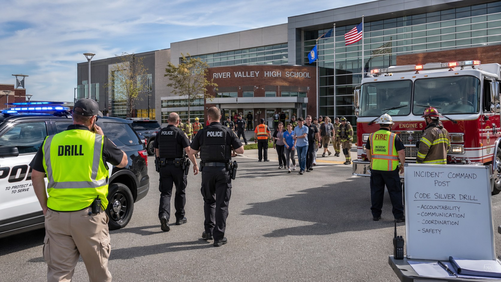 Code Silver drill at River Valley High School — police perimeter, fire apparatus, and incident command post with a whiteboard listing Accountability, Communication, Coordination, Safety