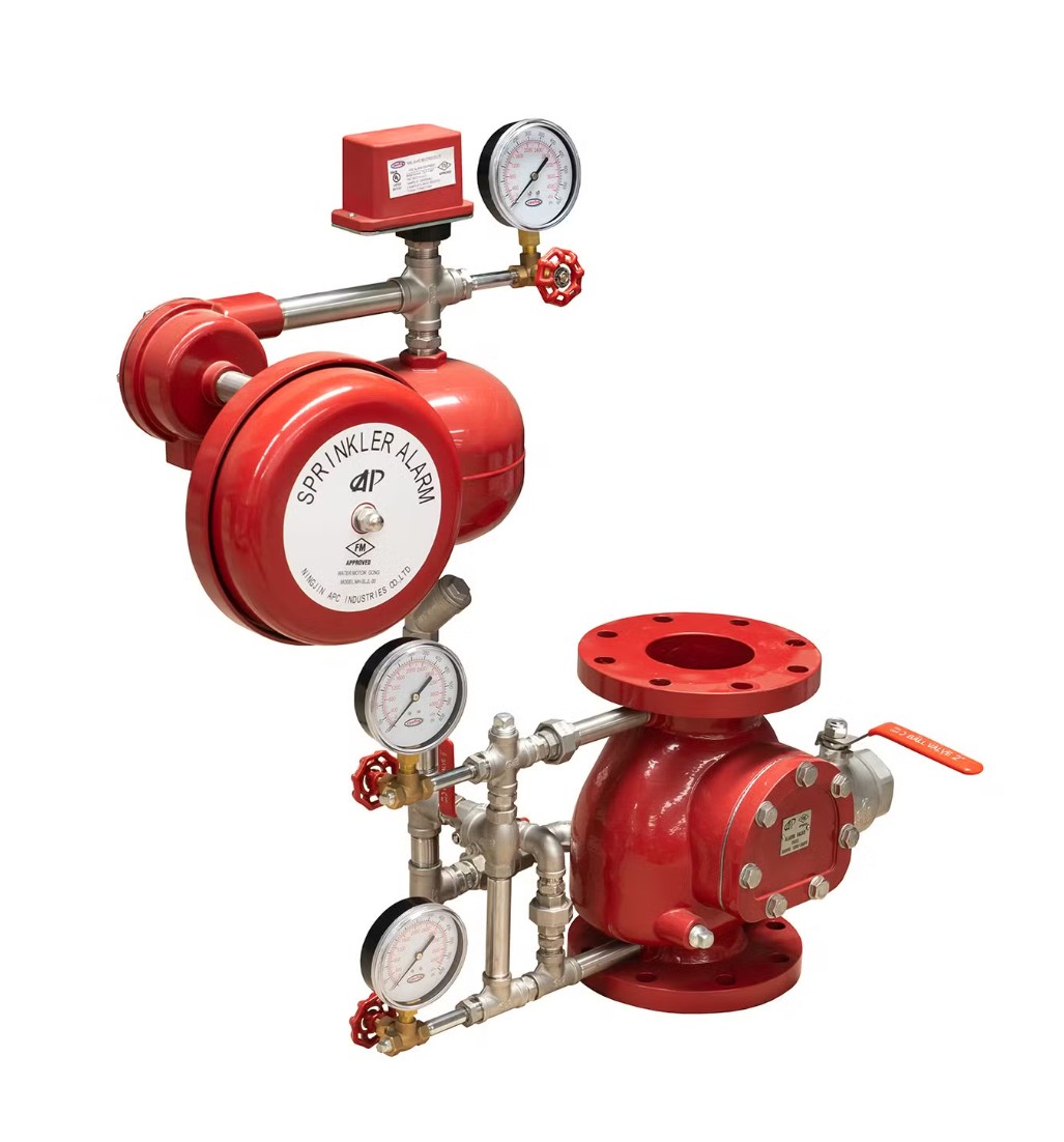 Alarm check valve assembly with retard chamber, water motor gong, pressure gauges, and ball valve — FM Approved