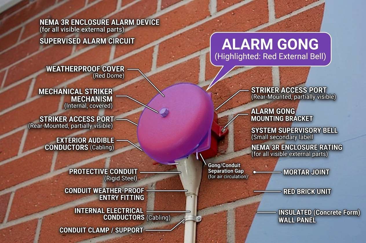 Annotated exterior alarm gong — showing weatherproof cover (red dome, highlighted purple), mechanical striker mechanism, NEMA 3R enclosure, supervised alarm circuit, protective conduit, mounting bracket, and system supervisory bell label