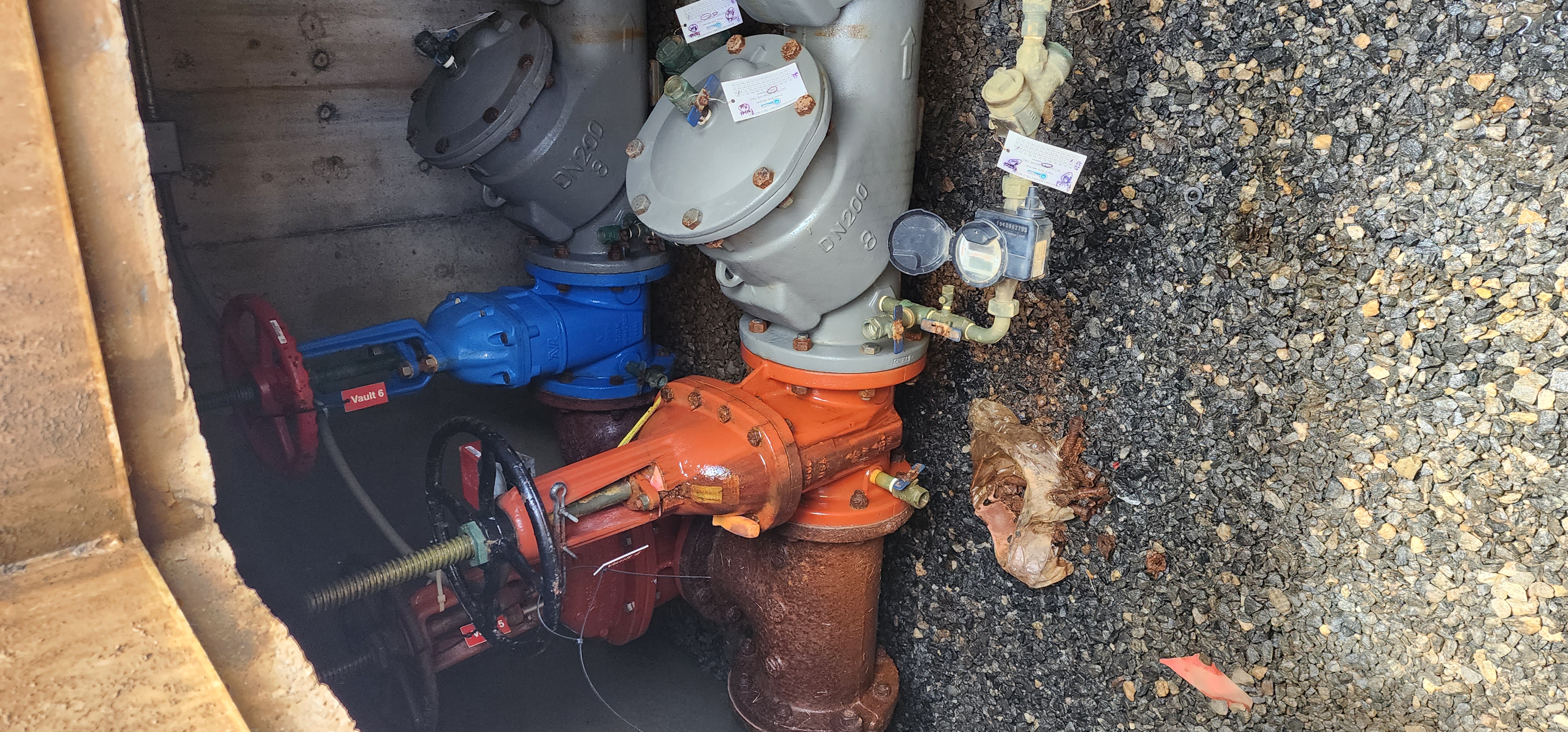 RPZ backflow preventer assembly mounted in a vault next to the metered water service