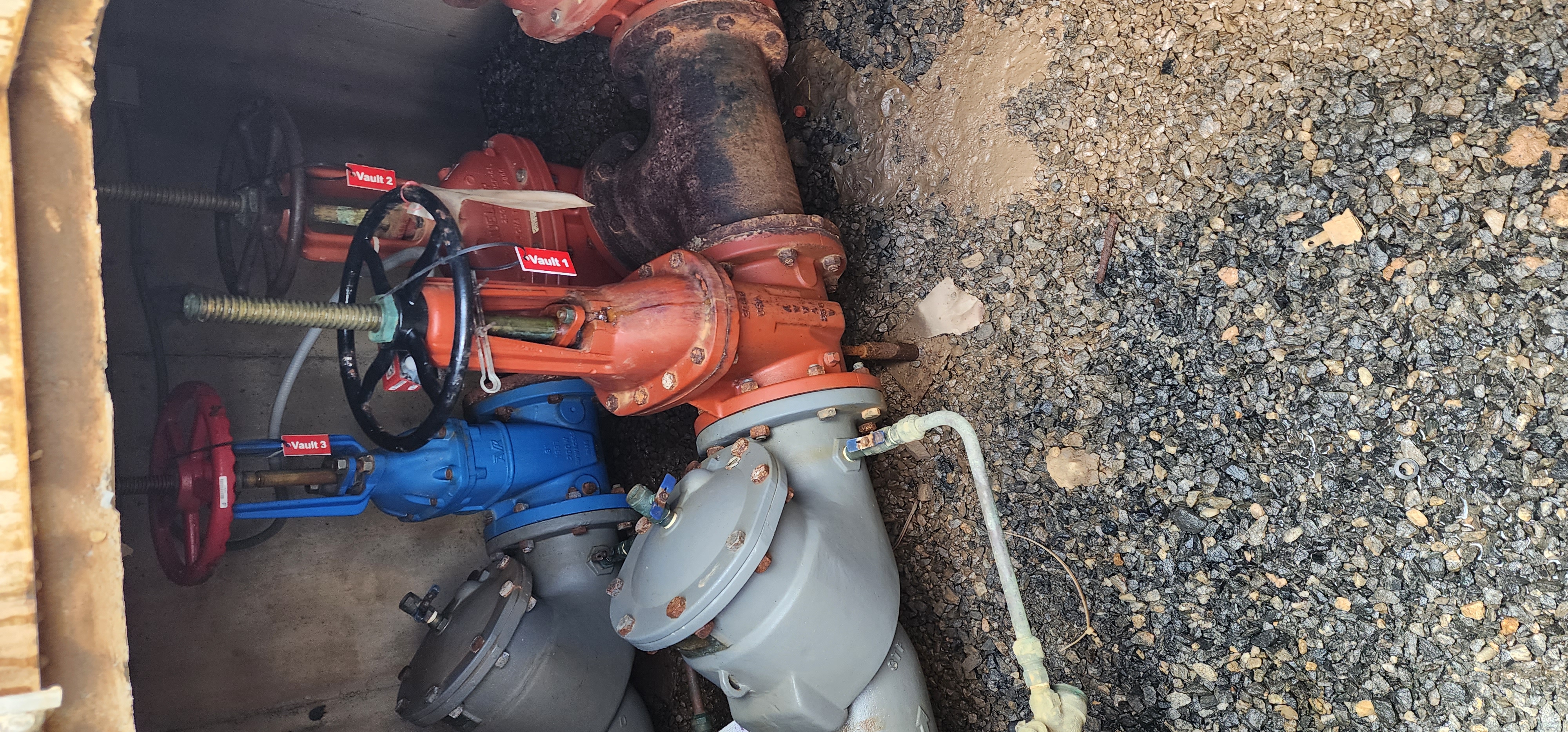 Viking-branded RPZ backflow preventer assembly inside a vault with test cocks visible