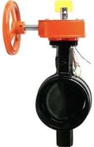 Butterfly valve with integral tamper switch — orange gear operator with wired supervisory switch on wafer-style butterfly valve