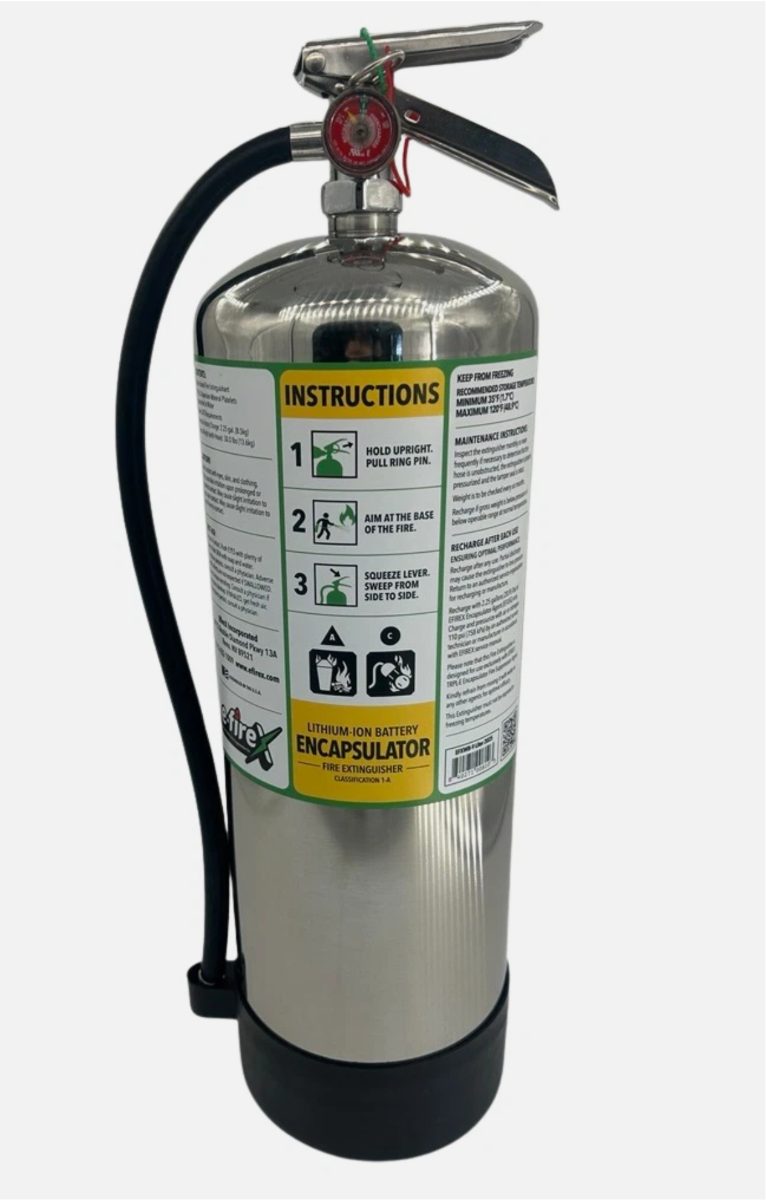 Stainless lithium-ion battery encapsulator fire extinguisher whose label shows Classification 1-A