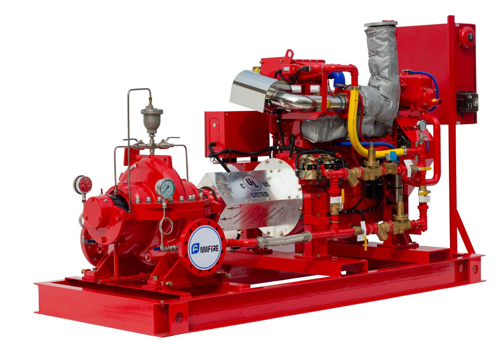 Diesel engine driven horizontal split-case fire pump — UL Listed, NM Fire, with casing relief valve, pressure gauges, exhaust, and controller panel