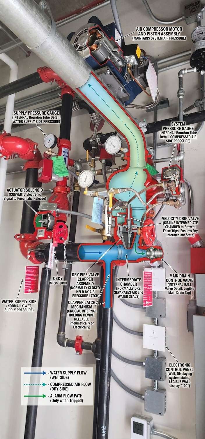 Dry pipe sprinkler valve assembly cutaway — air compressor motor and piston assembly feeding compressed air above the clapper, supply and system pressure gauges, dry pipe valve with clapper assembly and latch mechanism, intermediate chamber, velocity drip valve, actuator solenoid, OS&Y control valve, main drain, pressure switches and electronic control panel