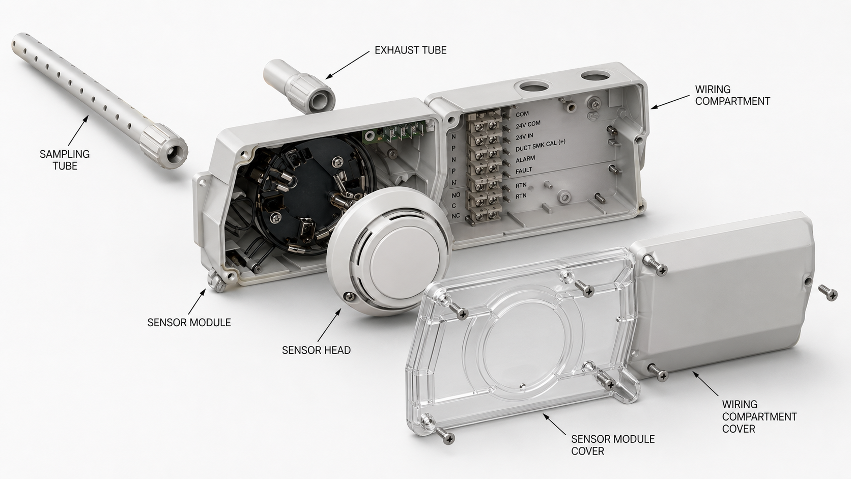 Exploded view of a sampling-tube duct smoke detector showing the perforated sampling tube, exhaust tube, sensor module with photoelectric sensor head, and wiring compartment with labeled terminals (COM, 24V COM, 24V IN, DUCT SMK CAL+, ALARM, FAULT, RTN, RTN, NO, C, NC), plus the clear sensor module cover and outer wiring compartment cover