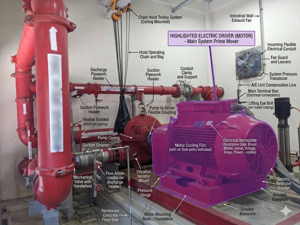 Annotated diagram of an electric motor driver fire pump installation — showing motor, pump casing, suction/discharge headers, flexible coupling, pressure gauges, vibration isolators, seismic brackets, grouted baseplate, electrical conduit, nameplate, and cooling fins