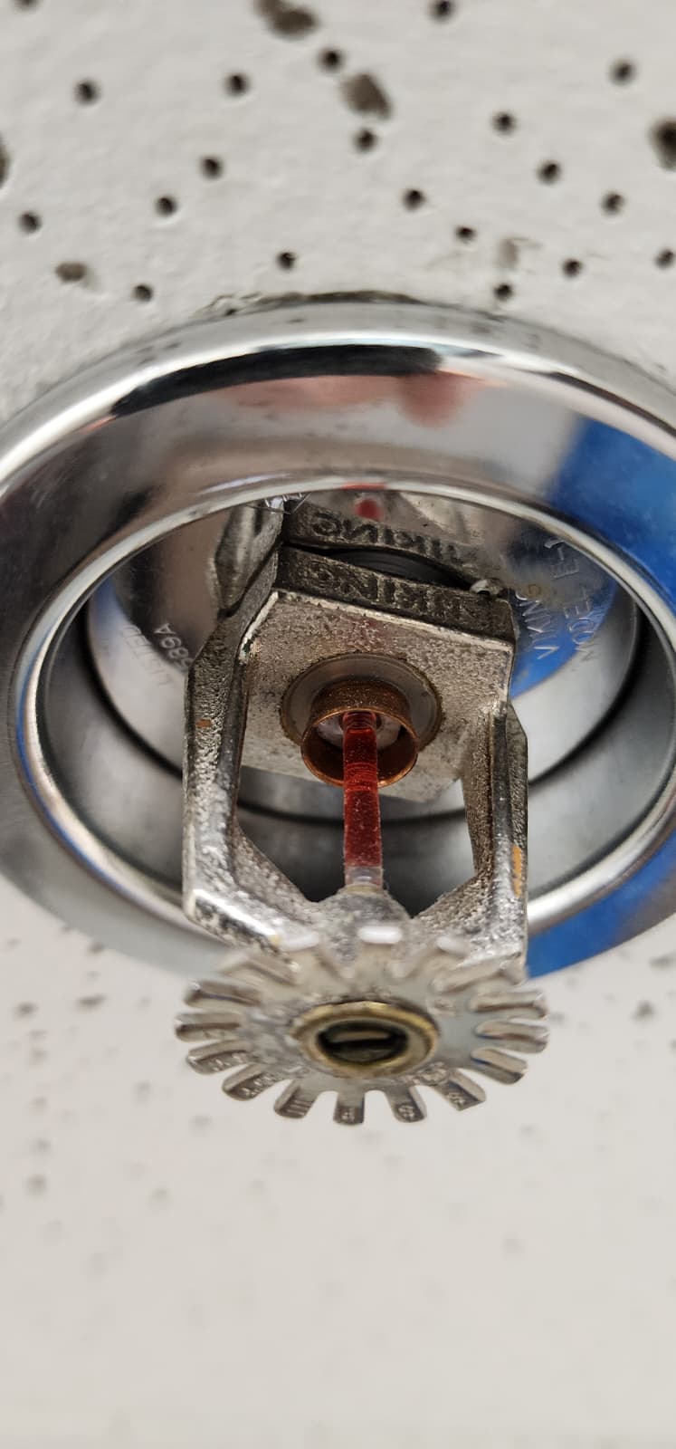 Viking VK302 Microfast pendent sprinkler in a chrome recessed escutcheon with VIKING cast into the frame arms and a red 155°F bulb