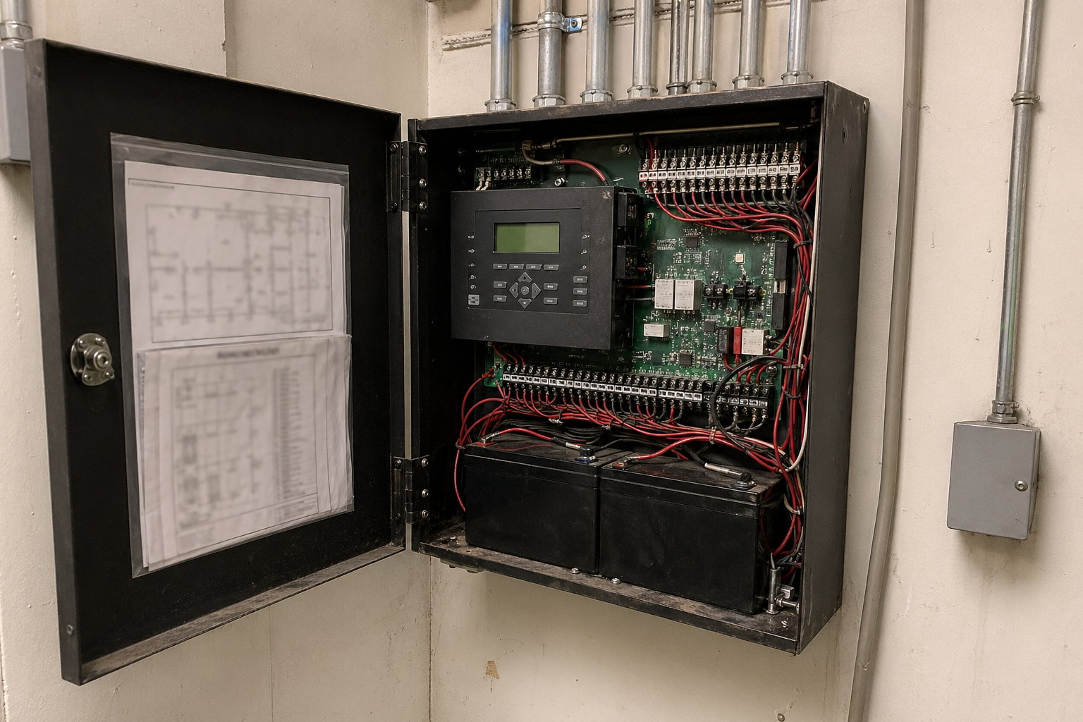 Open fire alarm control panel cabinet in a mechanical room — addressable CPU module on the left, terminal strips with red and black field wiring on the right, two sealed lead-acid standby batteries at the bottom, conduit risers entering the top of the cabinet, and the building zone map laminated to the inside of the door