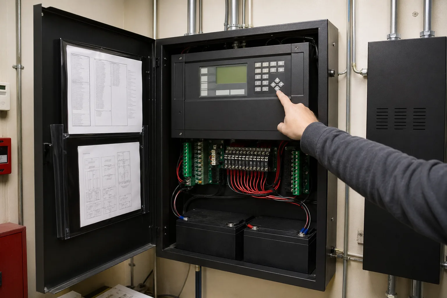 Open red fire alarm control panel in a commercial equipment room showing supervised field wiring, circuit boards, standby batteries, conduit, and a nearby remote annunciator
