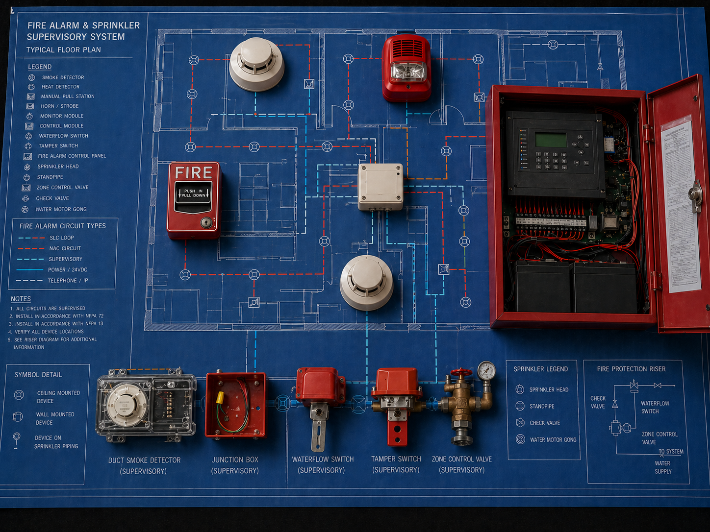 Annotated blueprint showing how a fire alarm and sprinkler supervisory system fits together — FACP cabinet, smoke and heat detectors, manual pull station, horn/strobe, monitor and control modules, waterflow and tamper switches, zone control valve, and circuit-type legend (SLC loop, NAC, supervisory, 24 VDC power, telephone/IP)