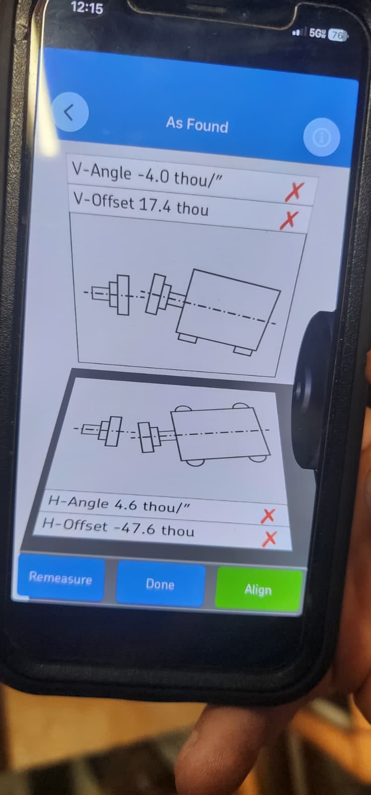 Alignment app As Found screen showing all four readings failing: V-Angle -4.0 thou per inch, V-Offset 17.4 thou, H-Angle 4.6 thou per inch, H-Offset -47.6 thou