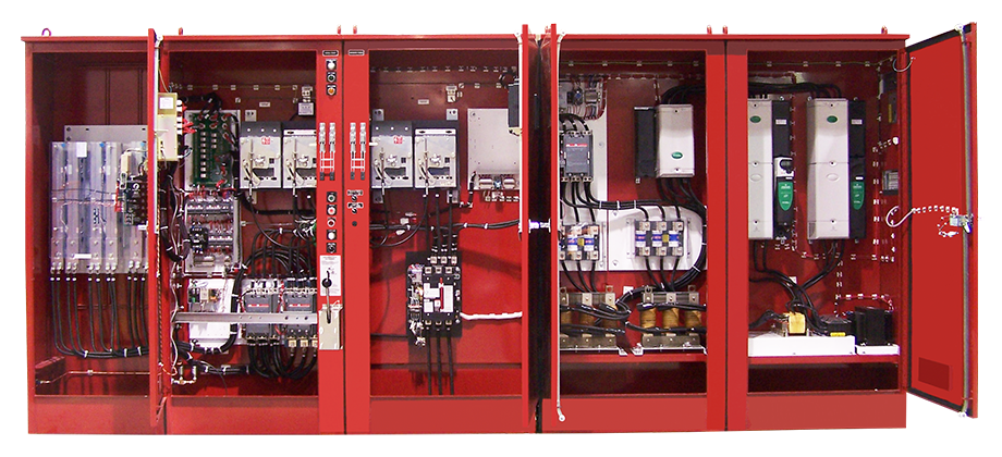 Fire pump controller cabinets with doors open — showing internal wiring, contactors, circuit breakers, control transformer, phase monitor relay, terminal strips, and variable frequency drives