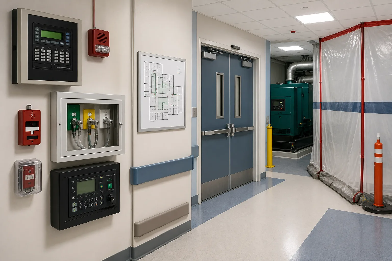 Hospital corridor with linen carts and supply pallets reducing the required egress width