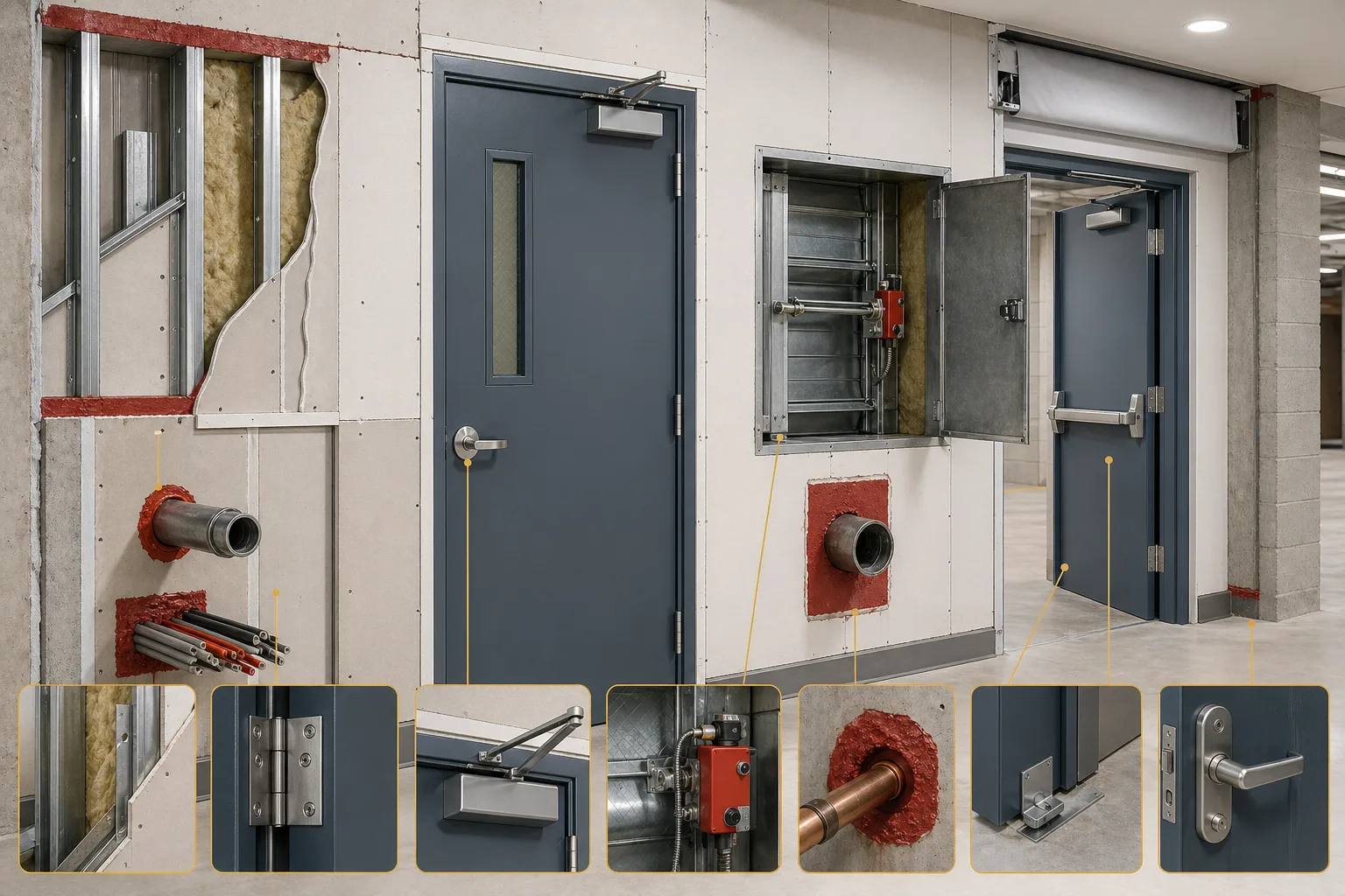 Rated fire door propped open with a folding wedge, defeating its self-closing function