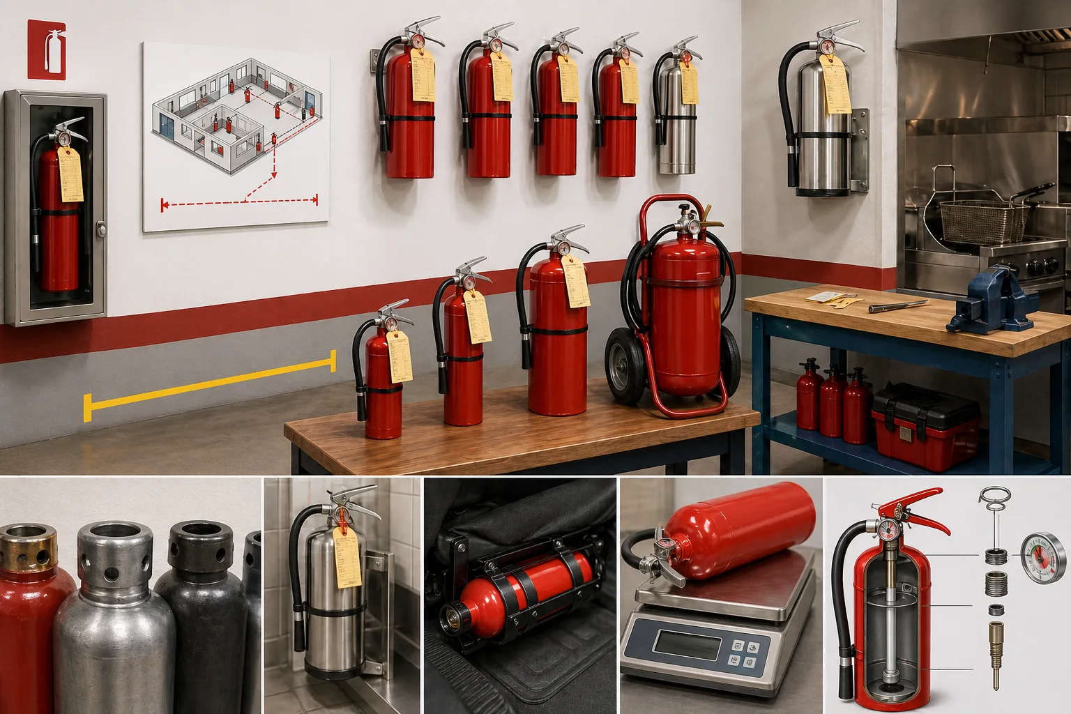 Wall-mounted fire extinguisher partially obstructed by palletized storage stacked in front of the cabinet