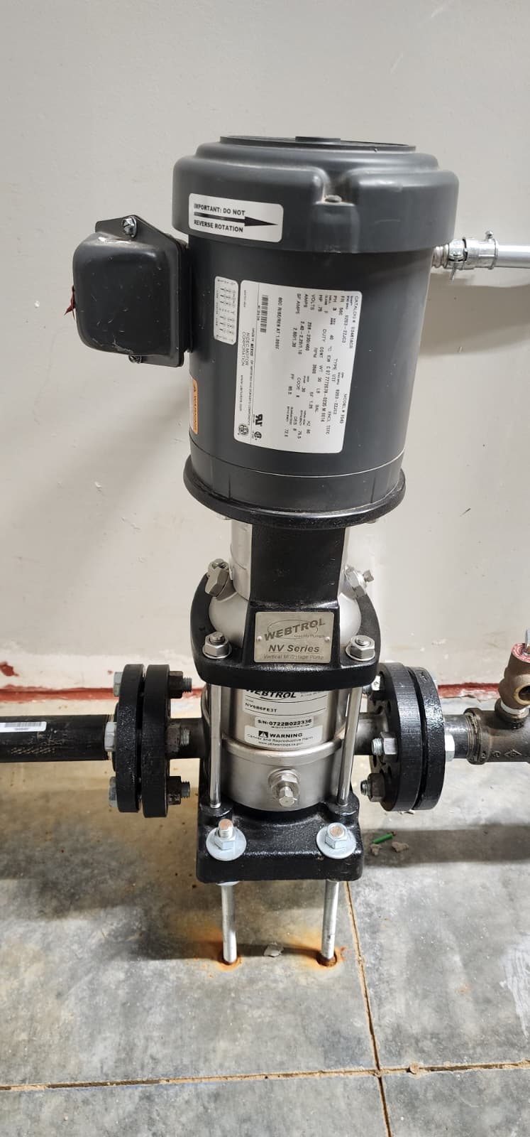 Webtrol NV Series vertical multi-stage jockey pump with motor on top, stainless-steel stages in the middle, and cast-iron base with flanged suction and discharge