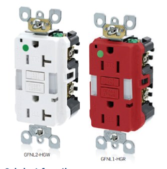 Two hospital-grade GFCI receptacles side by side — left is white (GFNL2-HGW), right is red (GFNL1-HGR) — both with a green dot at the top and visible TEST/RESET buttons