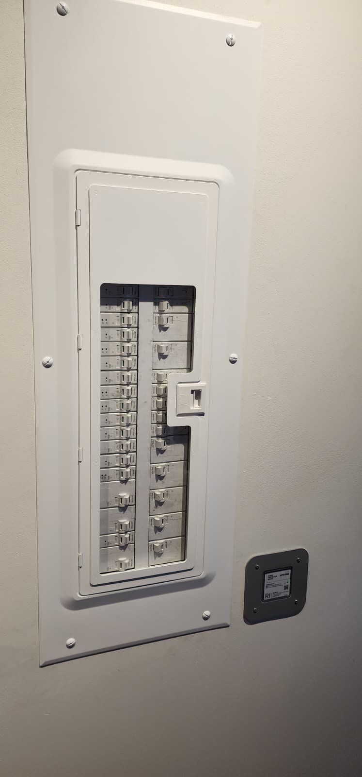 Leviton Smart Load Center (LDC-W series) showing the closed observation-window door with circuit breakers visible through the transparent panel and the smart gateway module on the lower right