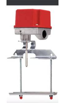 OS&Y rising stem tamper switch — red Potter enclosure with mounting bracket and lever arm for gate valve stem