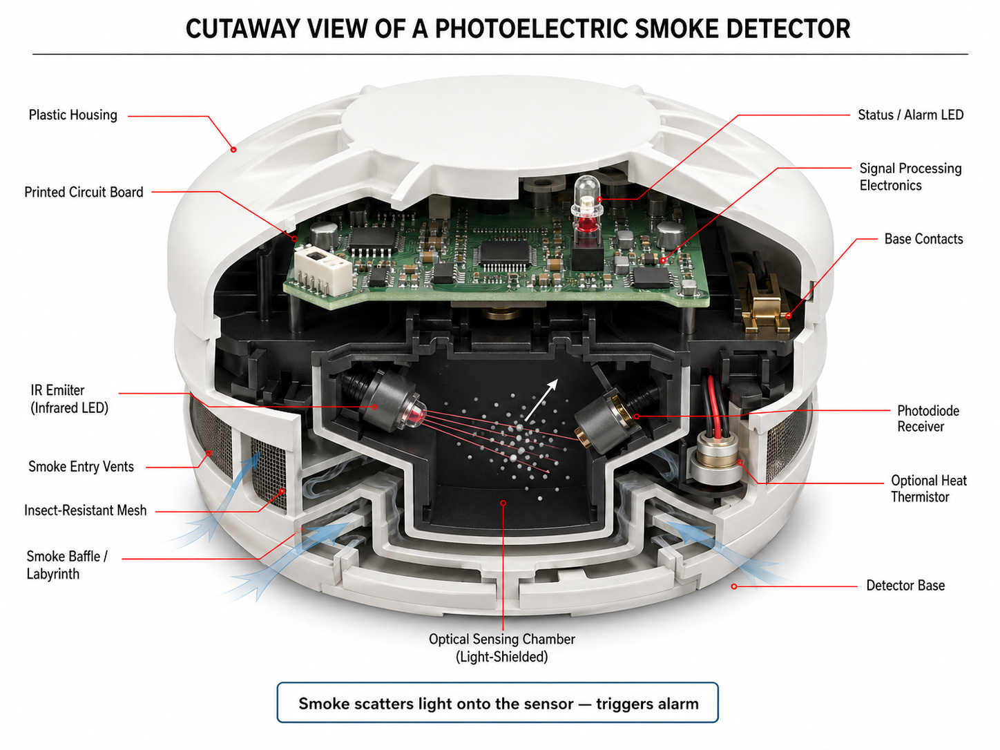 Cutaway diagram of a photoelectric smoke detector with labeled components: plastic housing, printed circuit board, status/alarm LED, signal processing electronics, base contacts, IR emitter (infrared LED), photodiode receiver, optical sensing chamber, smoke baffle/labyrinth, smoke entry vents, insect-resistant mesh, optional heat thermistor, and detector base