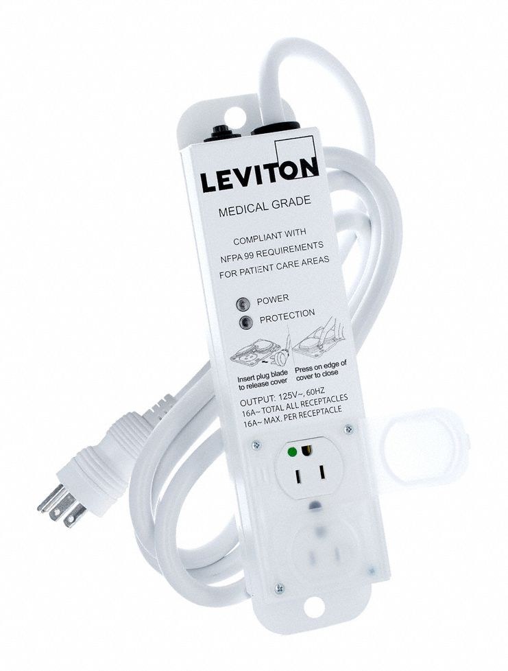 Leviton 5302M medical-grade power strip with a hinged, spring-loaded outlet cover shown open, released by inserting a plug blade