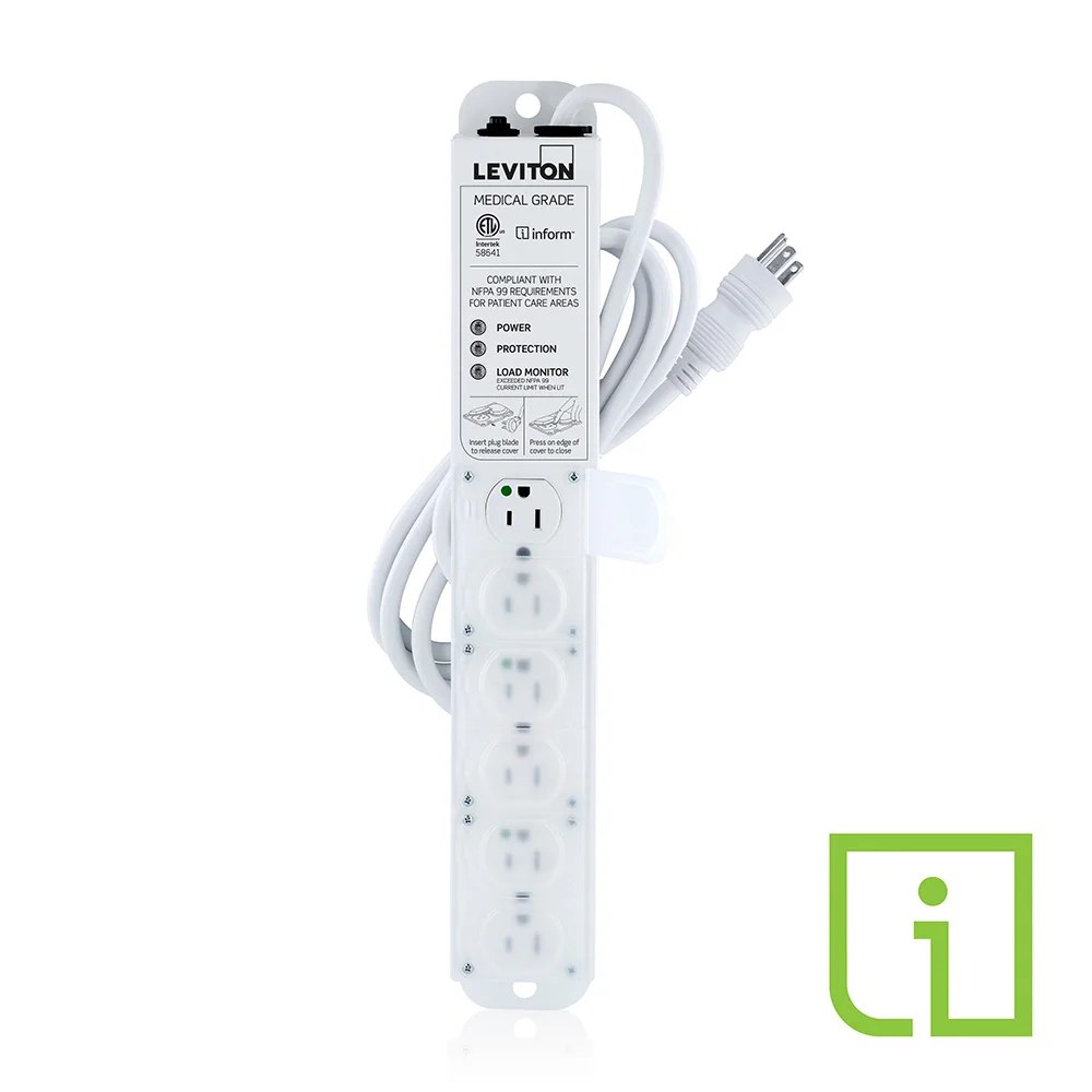 Leviton 5306M medical-grade power strip, front label showing Power, Protection and Load Monitor LEDs and the compliance statement for NFPA 99 patient care areas