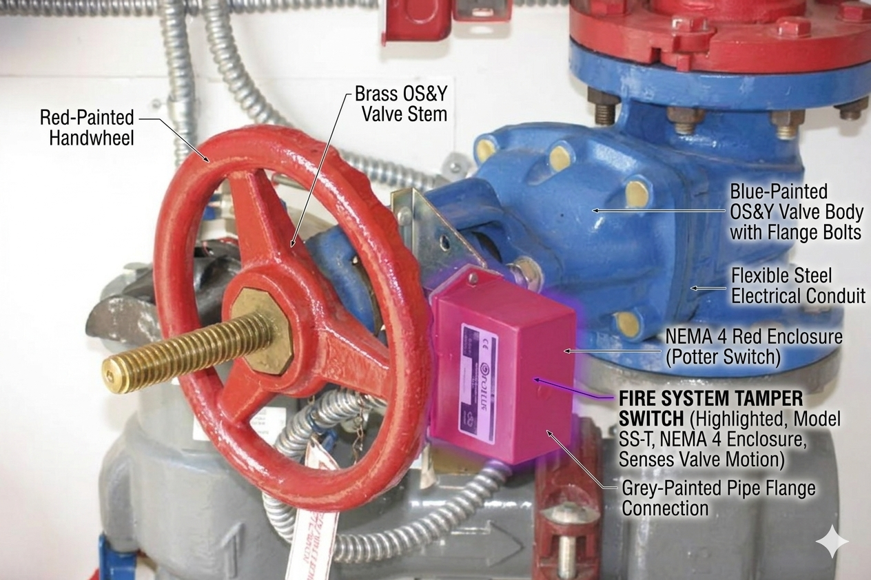 Annotated photo of an OS&Y valve with Potter tamper switch — showing handwheel, brass rising stem, blue OS&Y valve body, NEMA 4 red switch enclosure, flexible steel conduit, and pipe flange connection