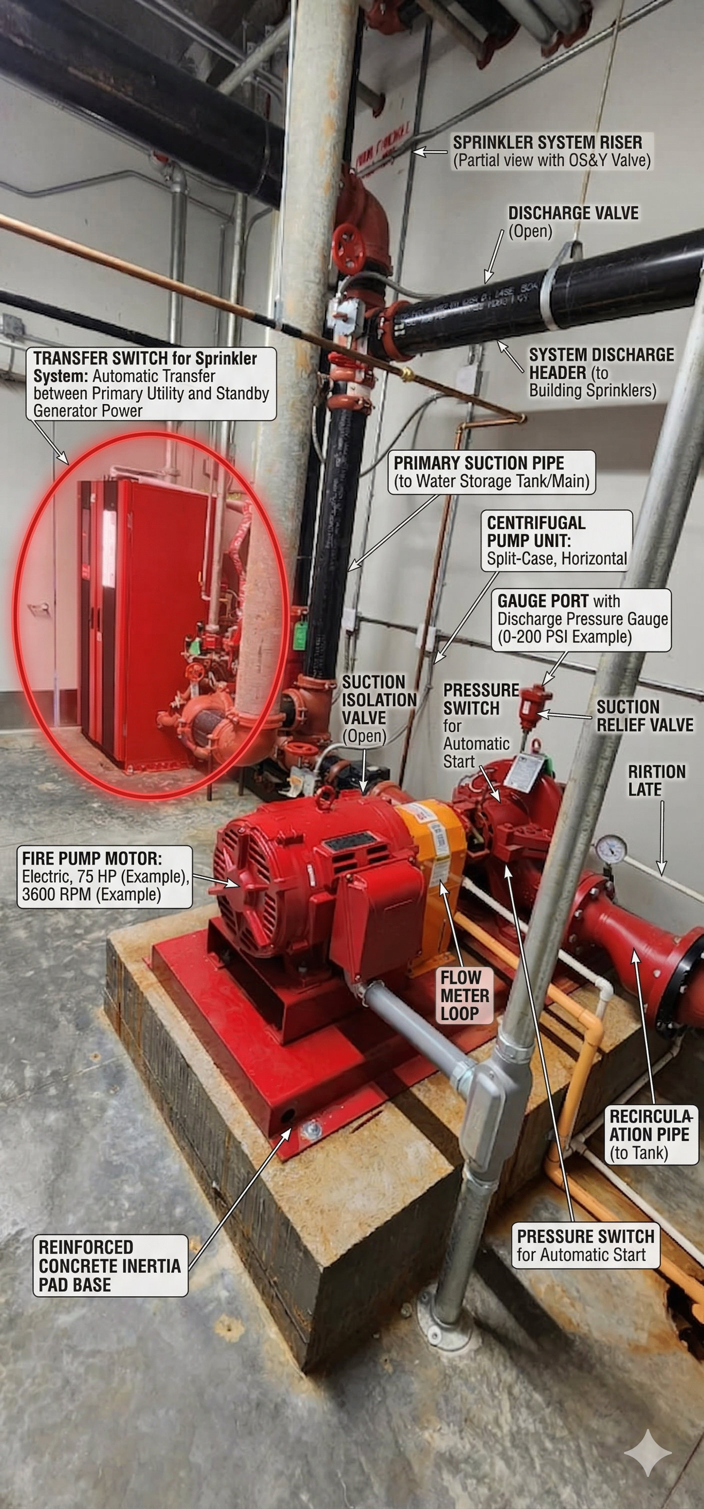 Annotated fire pump room showing transfer switch (red cabinet, circled), electric motor (75 HP), split-case pump, discharge header, suction pipe, pressure switches, flow meter loop, and concrete inertia pad