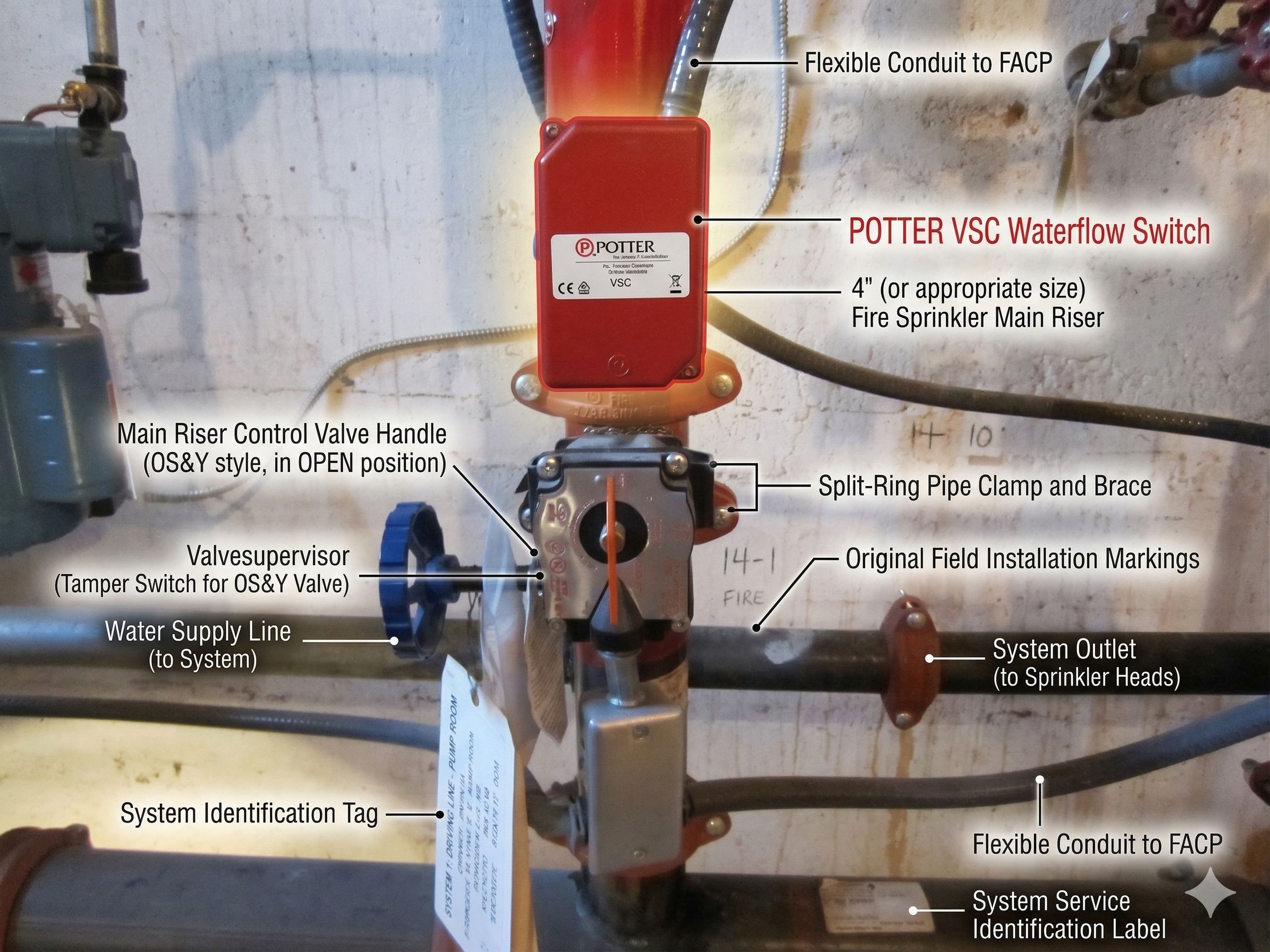 Annotated field photo of a Potter VSC waterflow switch on a 4-inch sprinkler riser — showing switch body, OS&Y control valve, tamper switch, conduit to FACP, split-ring clamp, and system ID tag