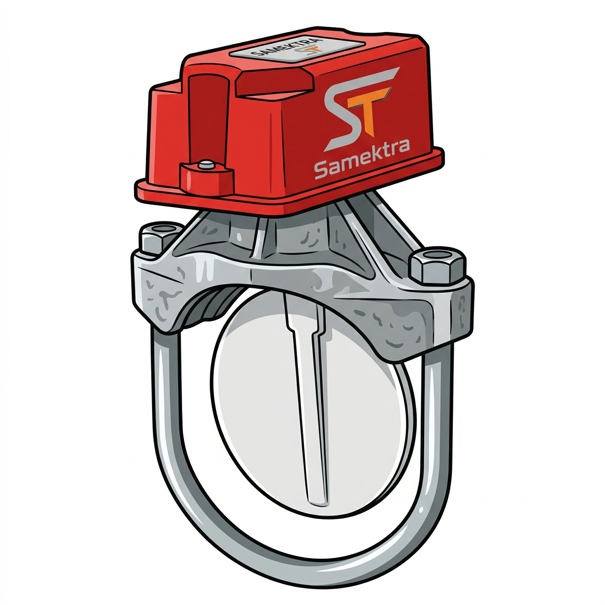 Samektra waterflow switch illustration — shows the internal vane paddle that deflects when water flows through the pipe, triggering the microswitch in the red enclosure
