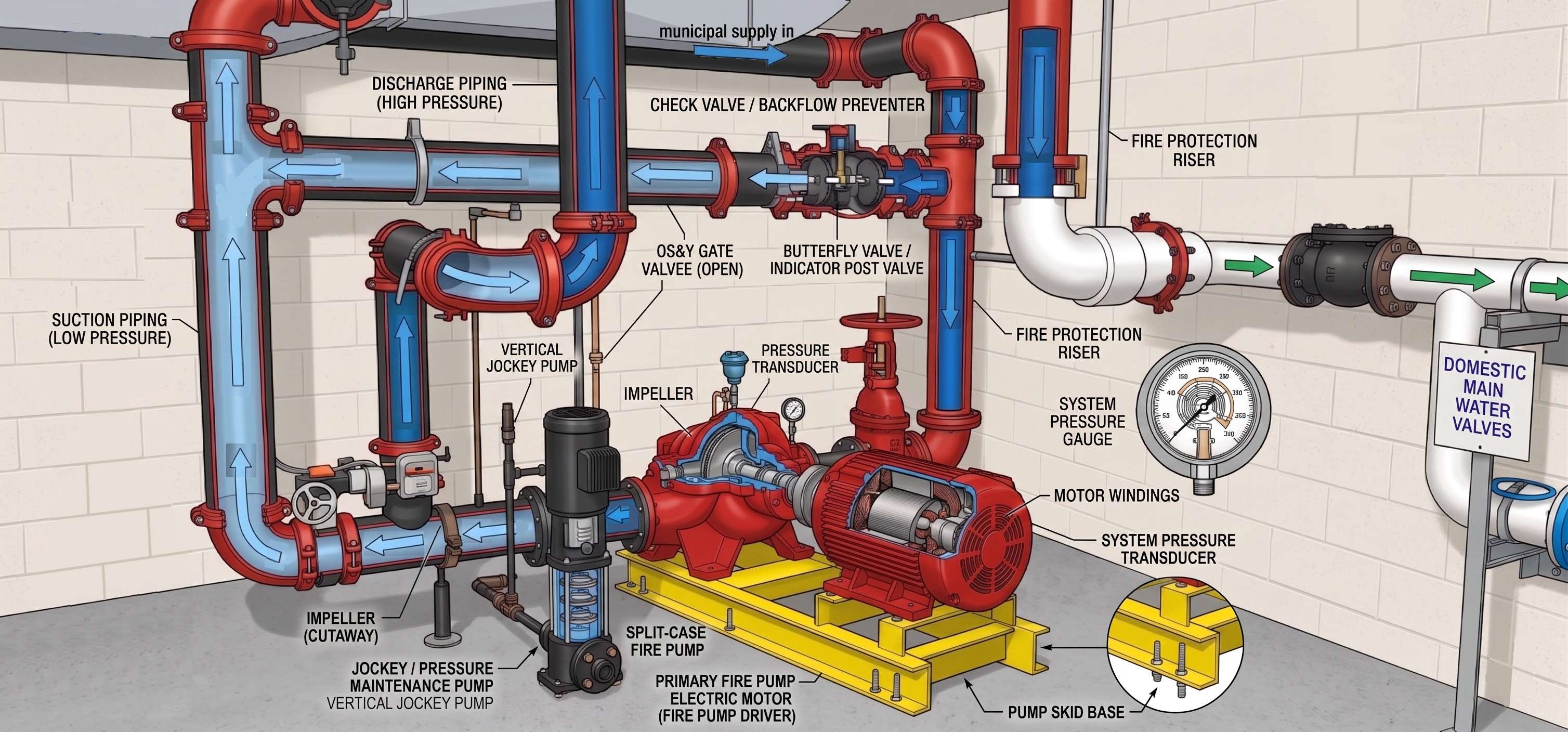 Cutaway diagram of a wet sprinkler system pump room showing municipal supply, check valve/backflow preventer, OS&Y gate valve, butterfly/indicator post valve, split-case fire pump with impeller and motor, vertical jockey pump, system pressure gauge and transducer, discharge and suction piping