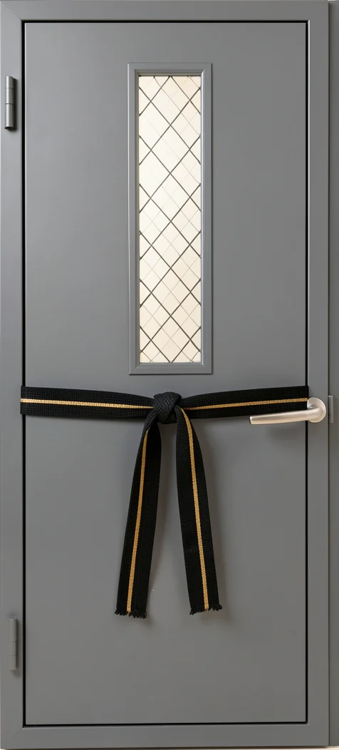 A grey steel fire door with a narrow wired-glass vision lite and a black martial arts belt tied around it in a knot, the belt ends hanging down