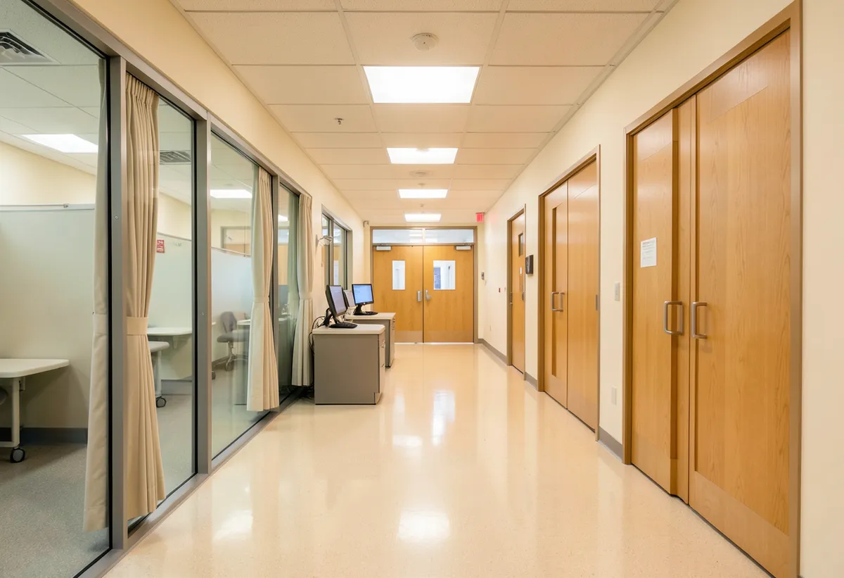 A hospital patient care suite: glass-fronted patient rooms along a short inner hallway, a staffed nurse workstation, and a pair of corridor doors at the far end