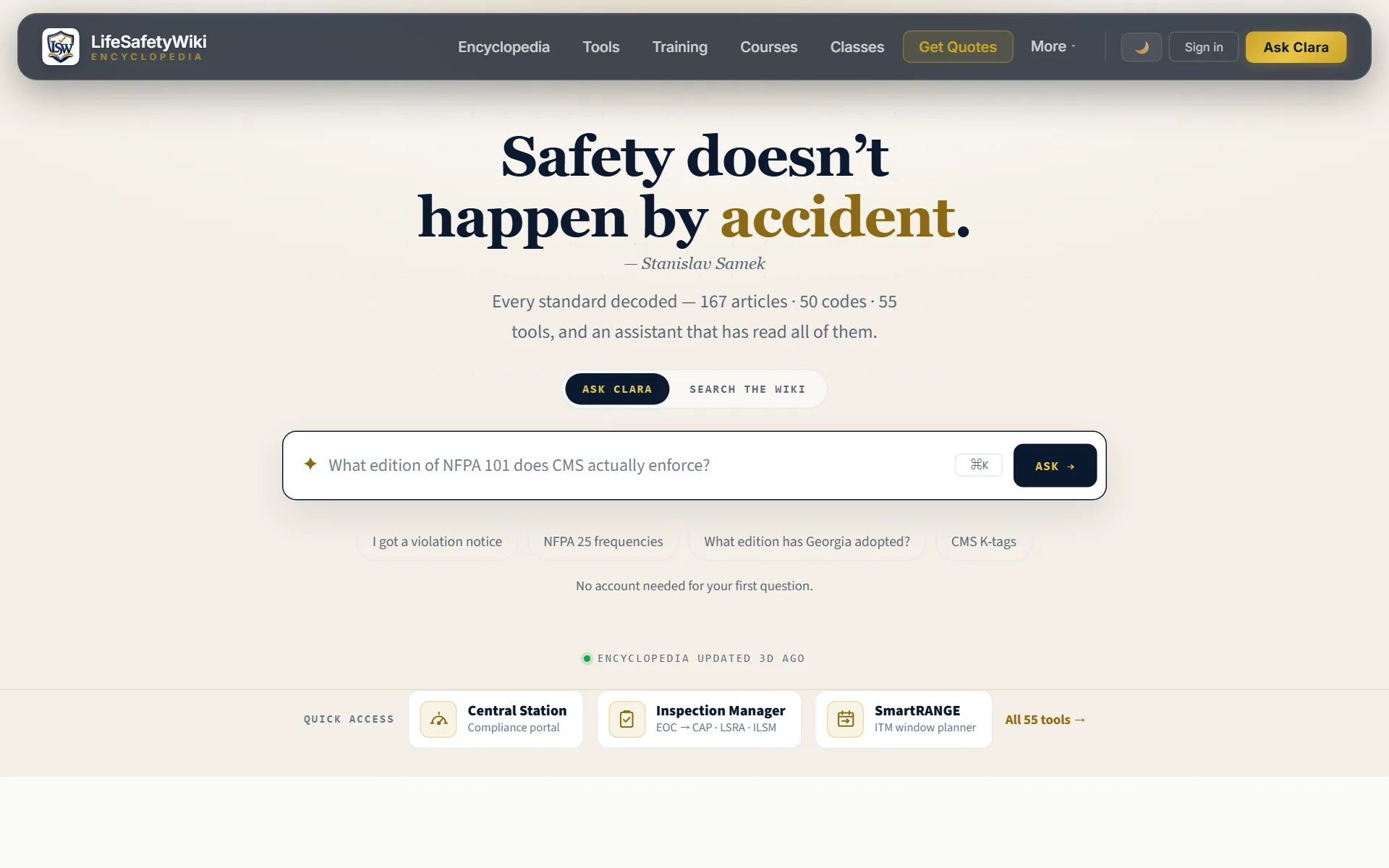LifeSafetyWiki homepage with the Tools menu item highlighted
